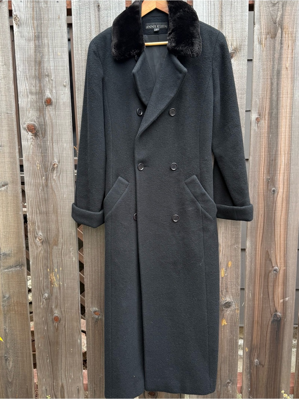 Anne Klein Black Camel Hair Maxi Overcoat Fur Collar Double Breasted Belted